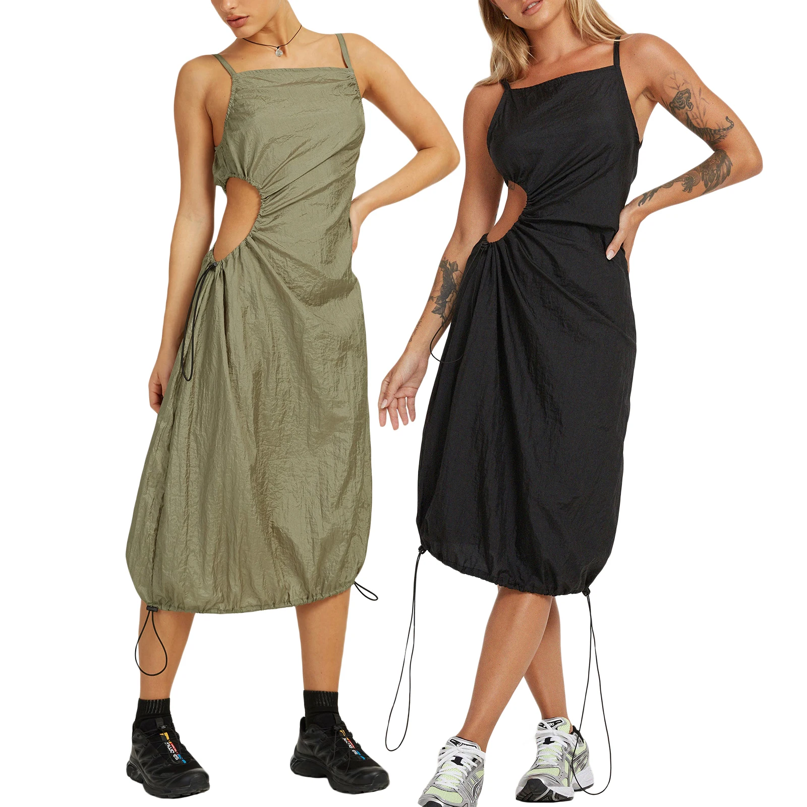 

Women Summer Casual Dress Solid Color Spaghetti Strap Sleeveless Cutout Drawstring Hem Dress for Females S/M/L