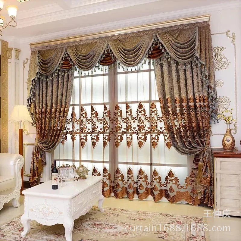 

High-end European Style Hollowed-out Velvet Embroidery Custom Finished Villa Curtains for Living Dining Room Bedroom Palace