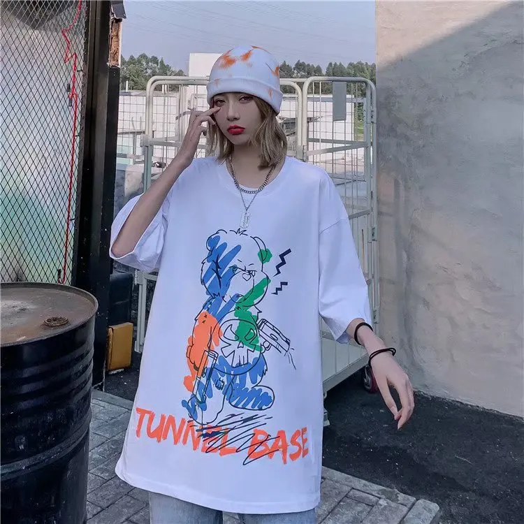 

Summer T-shirt Female Bear Print Short Sleeve T-shirt Male Hip Hop Loose Trend Couple Harajuku Shirt Gothic T-shirt Female Top