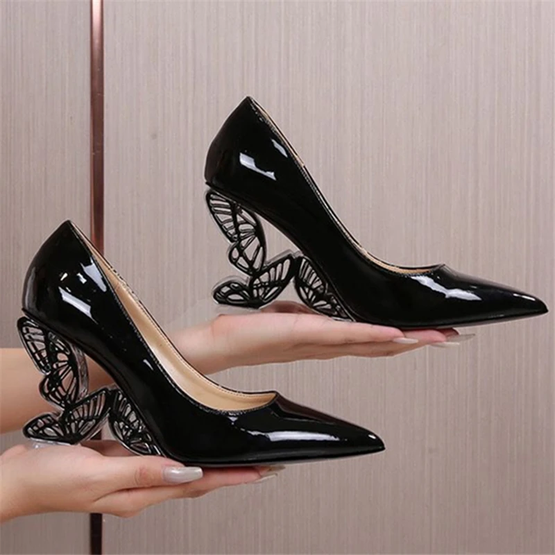 

Designer Black Women Pumps Pointed To Strange High Heels Butterfly Heel Wedding Dress Shoe Patent Leather Valentine Stiletto