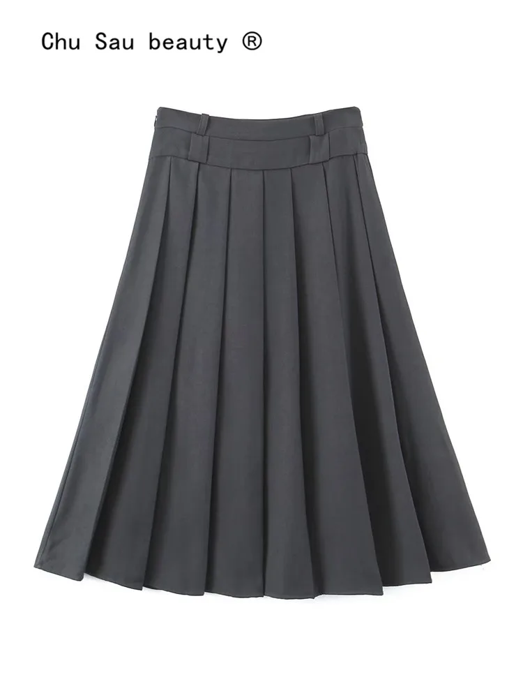 

Japanese Autumn Preppy Style Midi Skirt Woman 2022 New Vintage Casual Drape High Waist Pleated A-Line Long Skirt Female