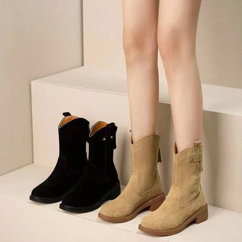 

Suede Mid-calf Boots Women Back Zip Platform Western Cowboy Boots Retro Black Boots Size 43 Brown Short Boots Women Botine Mujer