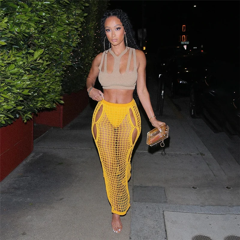 

AIIOU 2022 Summer Yellow Hollow Out Midi Skirts Women Sexy Chic Maxi Skirt Casual Streetwear Loose Low Waist Femme Party Outfit