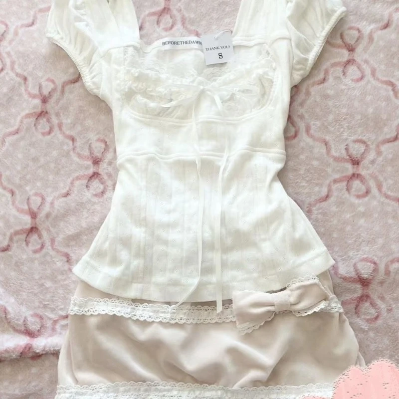 Deeptown Sweet Kawaii белые футболки женские Shoujo модные кокетливые футболки с короткими рукавами и бантом корейский стиль кружевные лоскутные футболки (art.: 3920ce55702b2) - 3920ce55702b2