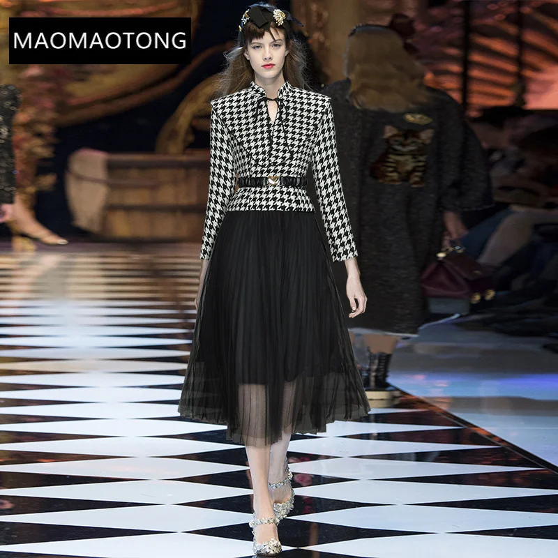

Fashion Designer Spring Skirts Suit Women Long sleeve Sashes Houndstooth Top and Black Mesh Skirts 2 Pieces Set