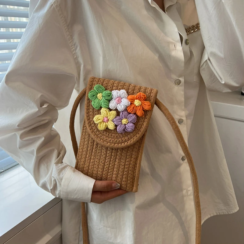 Cotton Rope Mobile Phone Bag Women Messenger Mini Small Bag Handwoven Flower Coin Purse Beach Bag Bolso Del Teléfono Móvil