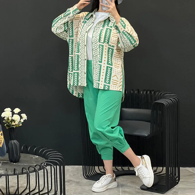 Casual Suit Loose Plus-size Fashion Women's Long-sleeved Shirt Corset Harlan Pants Cotton and Linen Two-piece Set