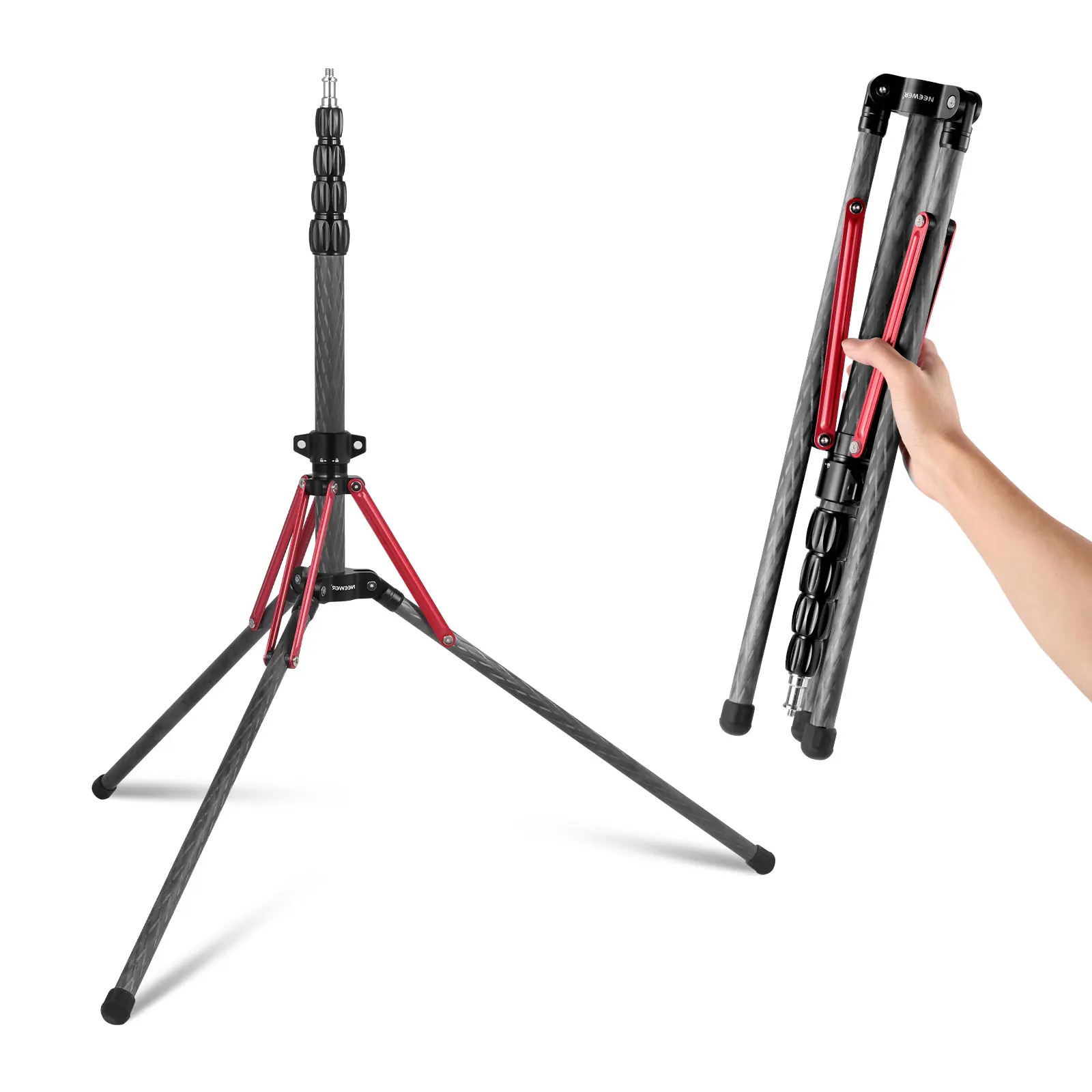 

NEEWER Light Stand Carbon Fiber with 180° Reversible Legs, 1/4”-3/8” Screw Adapter and Bag, 86.5in/220cm Portable Travel Tripod
