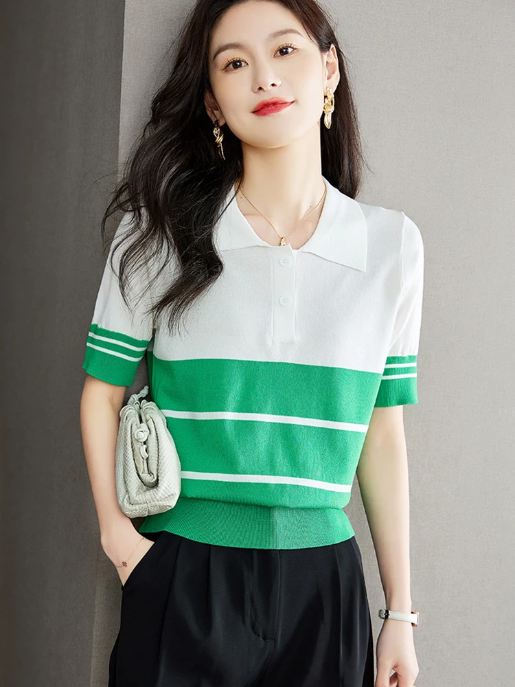 

Chic Striped Knitted Tshirt Women 2022 Summer Turn-Down Collar Tops Short Sleeve Casual T Shirts Womens Clothing Tee Shirt Femme