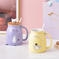milk coffee ceramic mug with lid spoon cup cute cat heat resistant cup kitten children cup office gifts