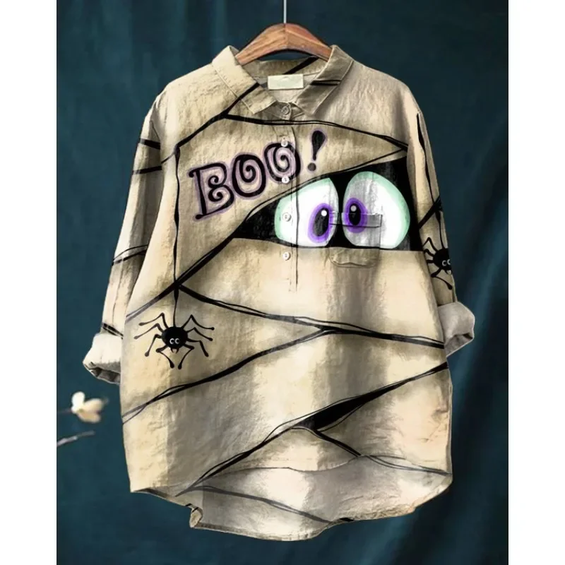 Женская льняная блузка с воротником-стойкой и длинным рукавом