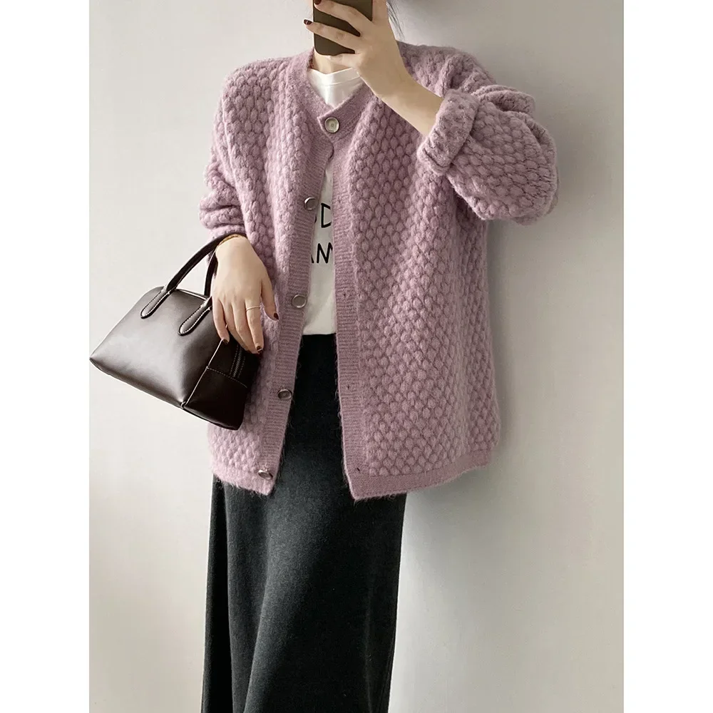 

Japanese Style Pineapple Plaid Cardigan Sweater for Women 2023 Autumn and Winter New Style Loose Lazy Style Solid Knitted Top