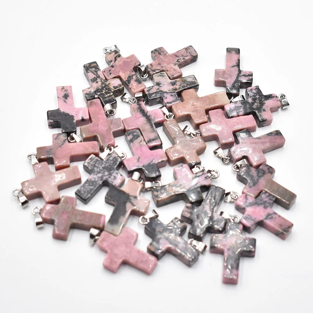 

2023 fashion hot selling natural Rhodochrosite stone cross pendants charms for men and women jewelry making Wholesale 24 50pcs