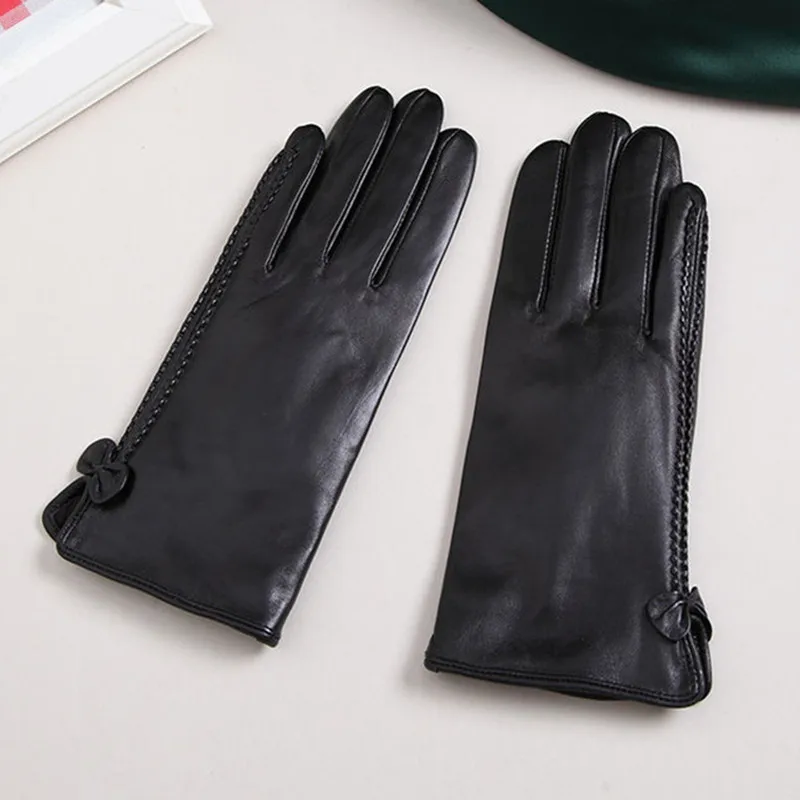 Fashion Genuine Sheepskin Leather Gloves Windproof Thermal Touch Screen Glove Winter Warm Velvet Lining Bow Mittens