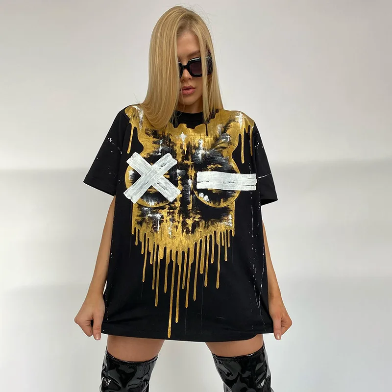 

2022 Summer O Neck Y2K Print T-Shirts Women Loose Fashion Casual Short Sleeve Graphic Black Top Tee Trendy Oversized