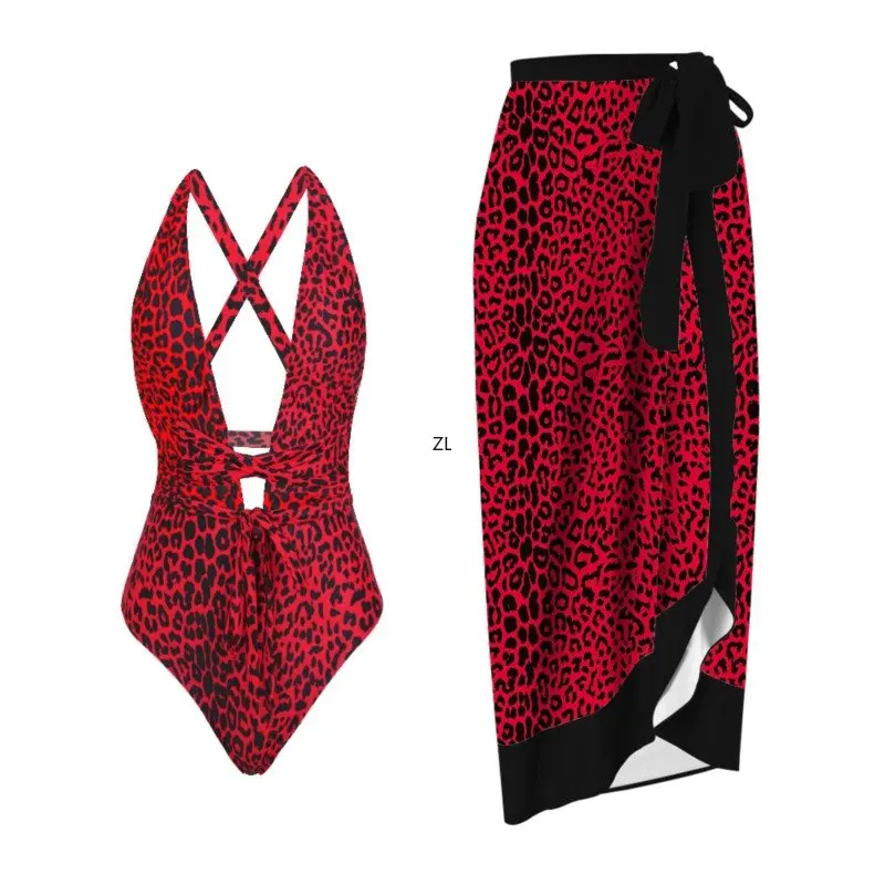 2 Piece Sets Women Outfi Retro Beach Swimsuit Set Elegant Chiffon Skirt One Piece Swimsuit Printed Beach Sexy Bikini Set Summer