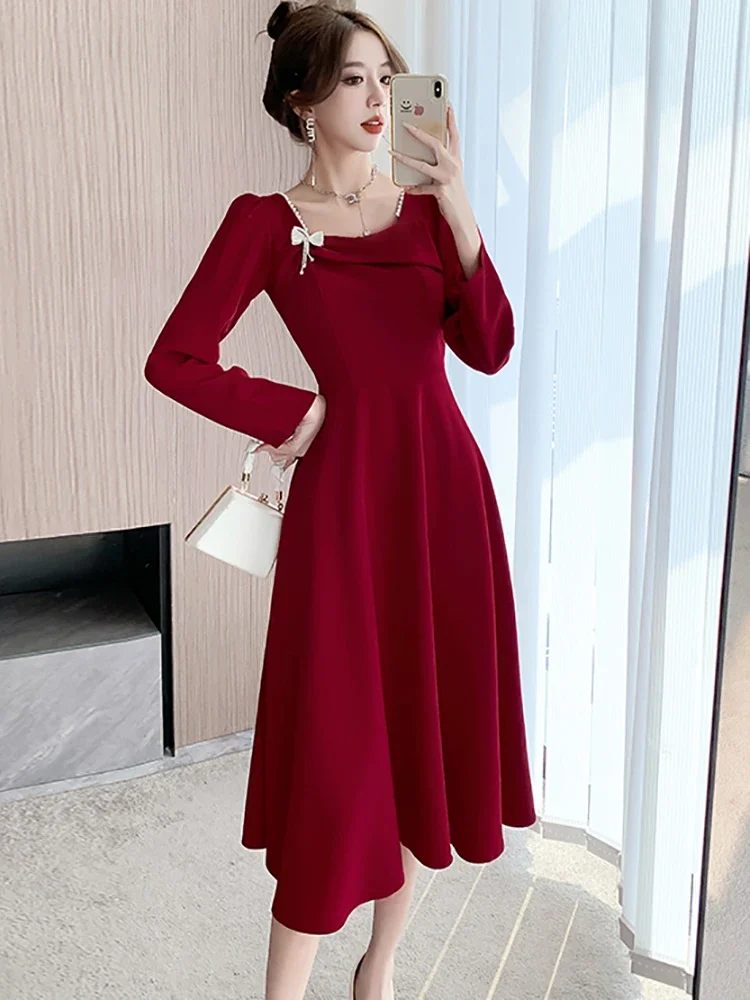 

Женское бархатное платье с квадратным вырезом, красное Элегантное Длинное Свадебное платье с бантом и бисером, платье для особых случаев, Осень-зима 2023