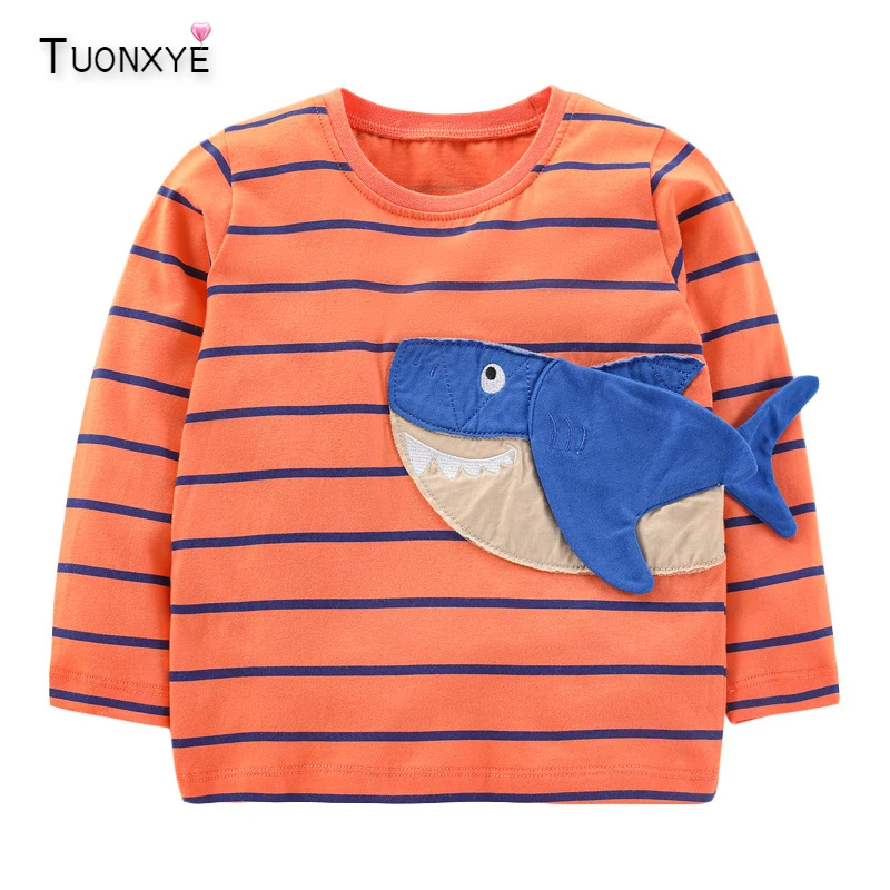 

TUONXYE Boys Long Sleeve T-shirt Cartoon Stripes Shark Pure Cotton Class A Casual Knitting Soft Breathable Baby Top Clothes