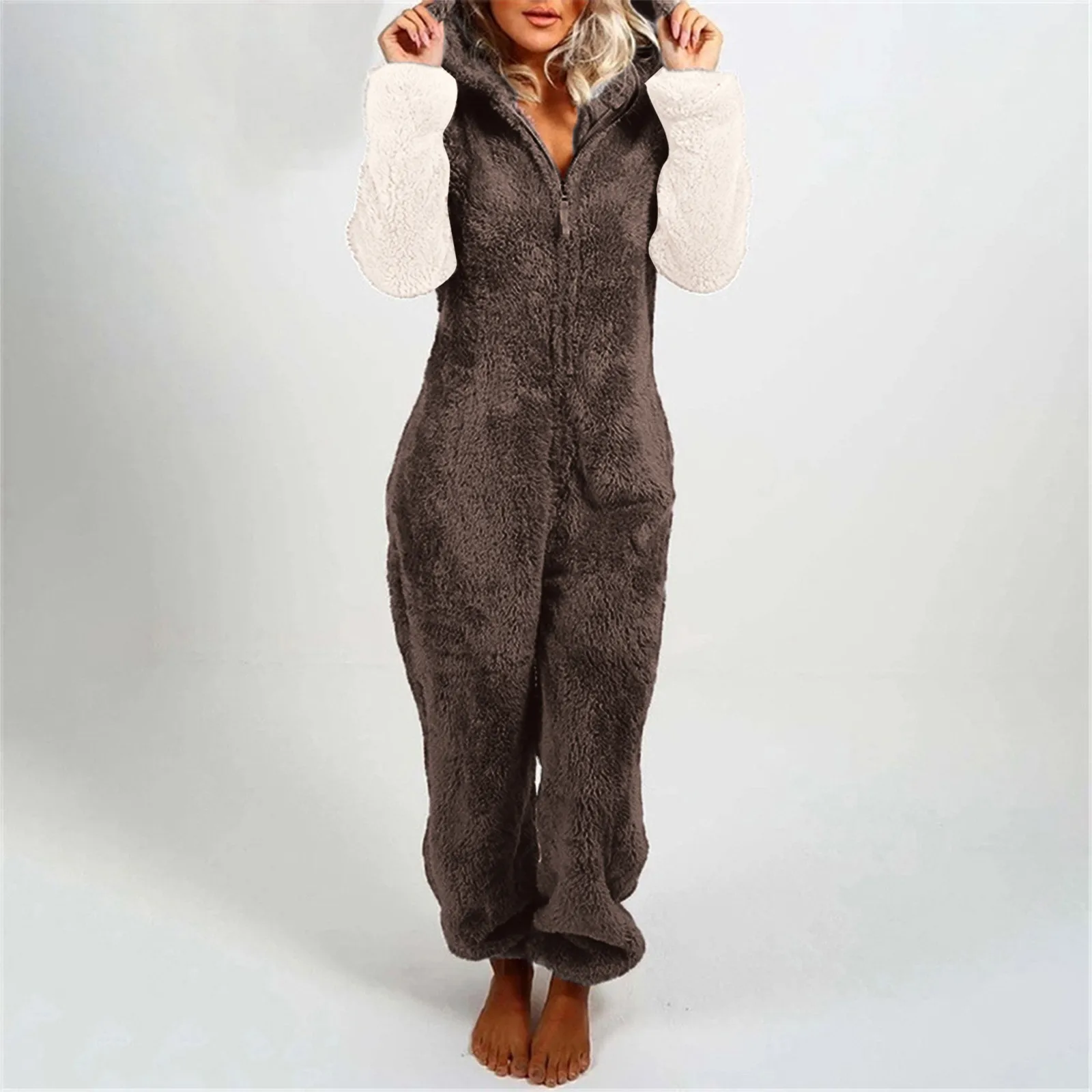 

Women'S Beer Onesie Colorblock Long Sleeve Pajamas Casual Solid Zipper Loose Hooded Jumpsuit Casual Winter Warm Rompe Pajamas