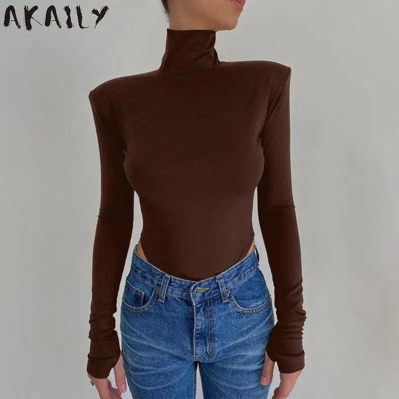 

Сексуальное черное боди Akaily с открытой спиной, Корректирующее белье, Женская водолазка с длинным рукавом, коричневые Топы для женщин, модны...