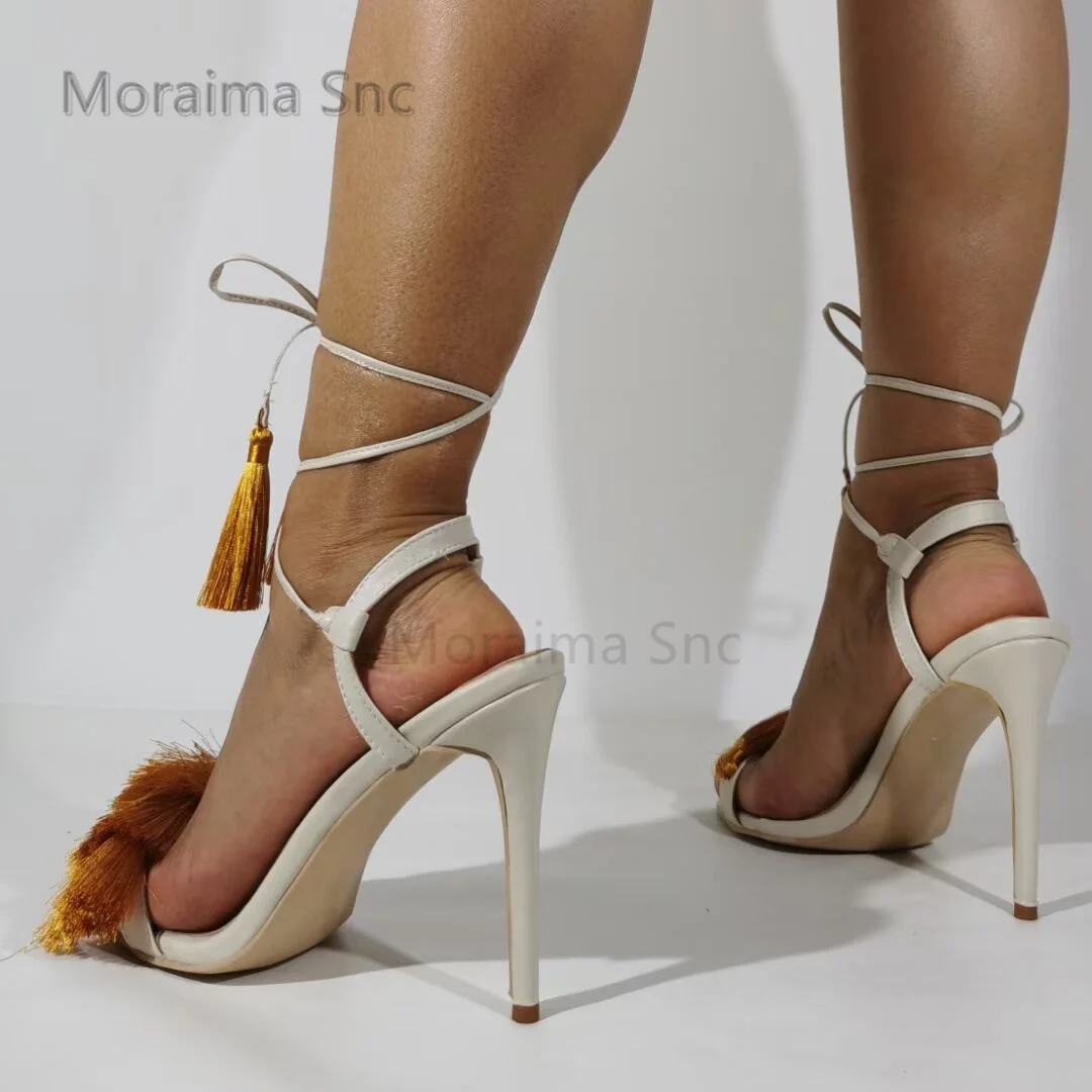 Tassel High Heels Strappy Sandals for Women Summer Stiletto Fashion Ankle Strap Open Toe Ladies Shoes White Wedding Shoe Bride