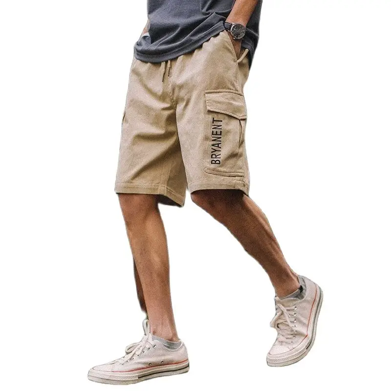Шорты-карго мужские хлопковые цвета хаки до колен со средней талией с