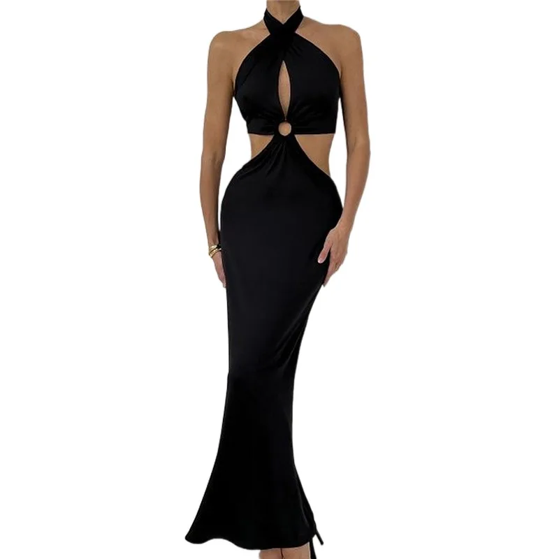 

Europe and America 2023 Summer New Women's Sexy Fashion Splice Hanging Neck Strap Open Back Long Dress