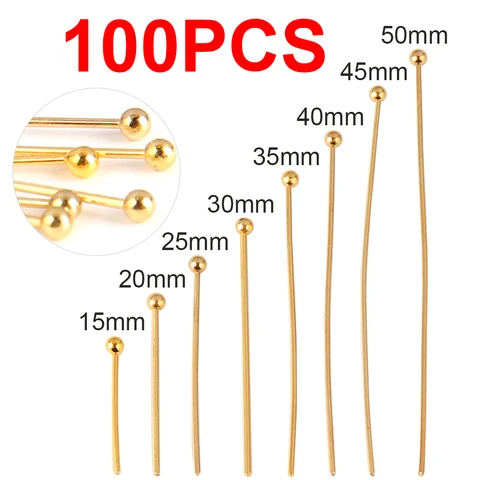 100pcs 15-50 mm de acero inoxidable Cabeza de cabeza plana Pins Hallazgos de joyas para joyas que fabrican suministros Pins de cabeza de pelota Accesorios
