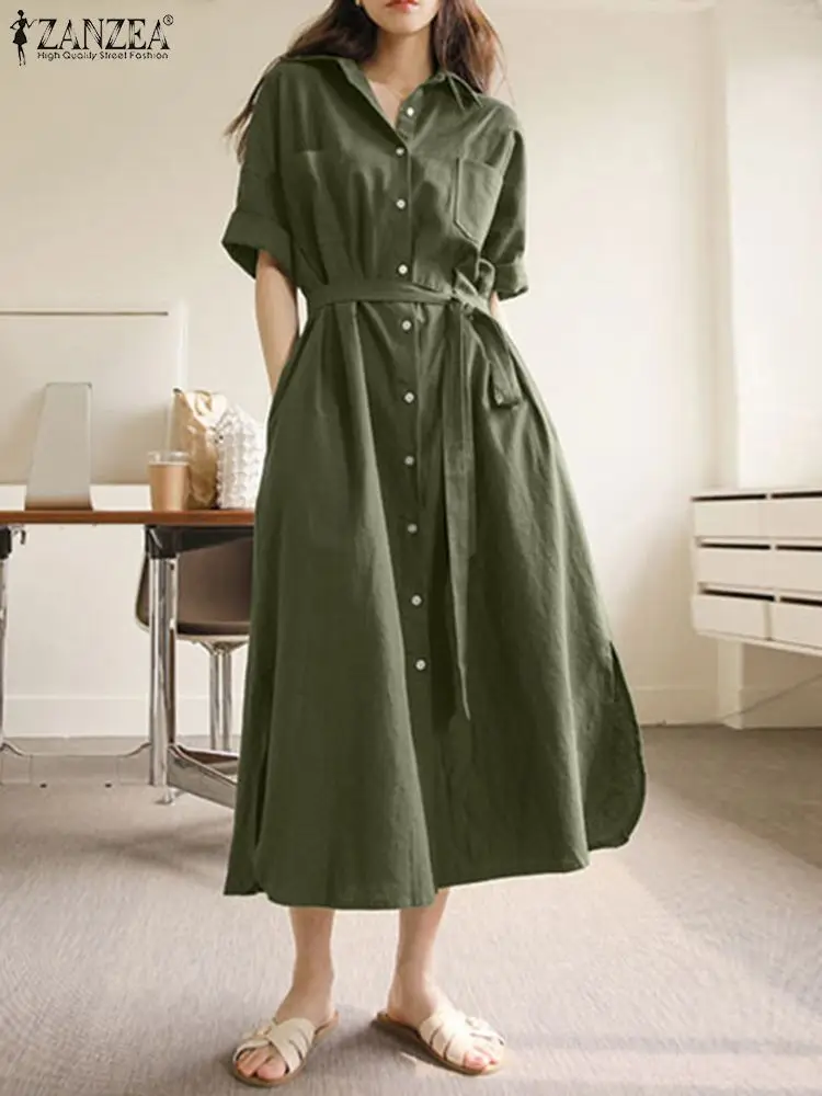 

2022 ZANZEA Solid Maxi Dress Woman Summer Lapel Short Sleeve Kaftan Buttons Shirt Sundress Female Elegant Casual Work Shirtdress