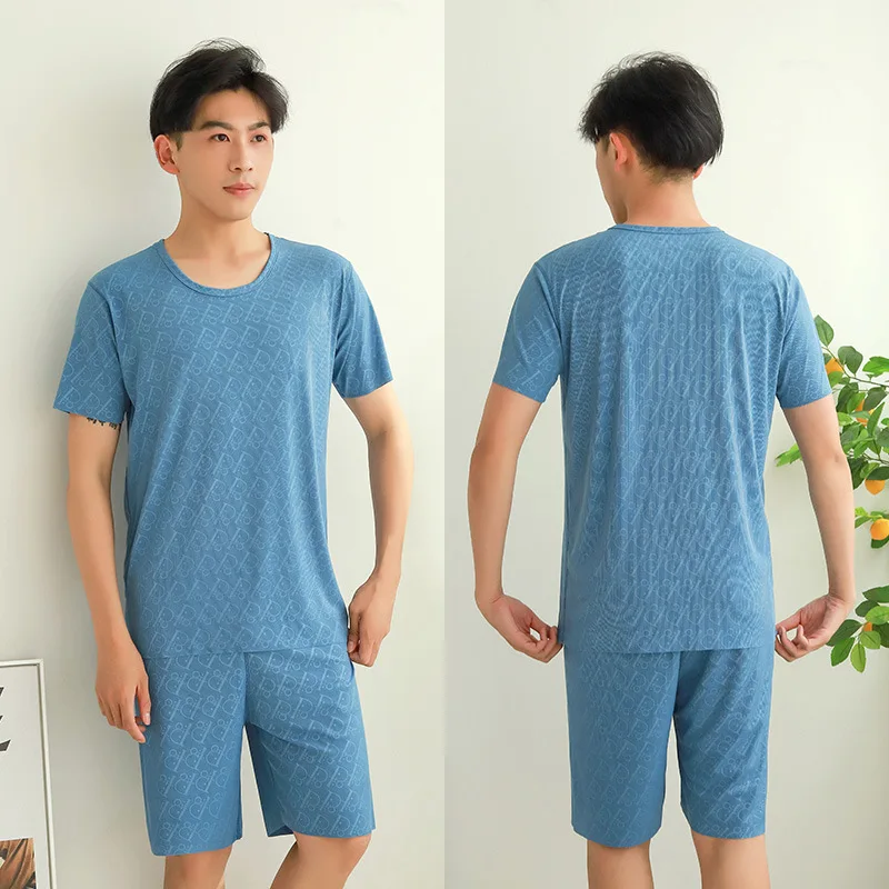Summer Men's Pajama Sets Fashion Printing Homewear Ice Silk Short Sleeve T-shirt Shorts Suit Sleepwear 2 Piece Set Loungewear