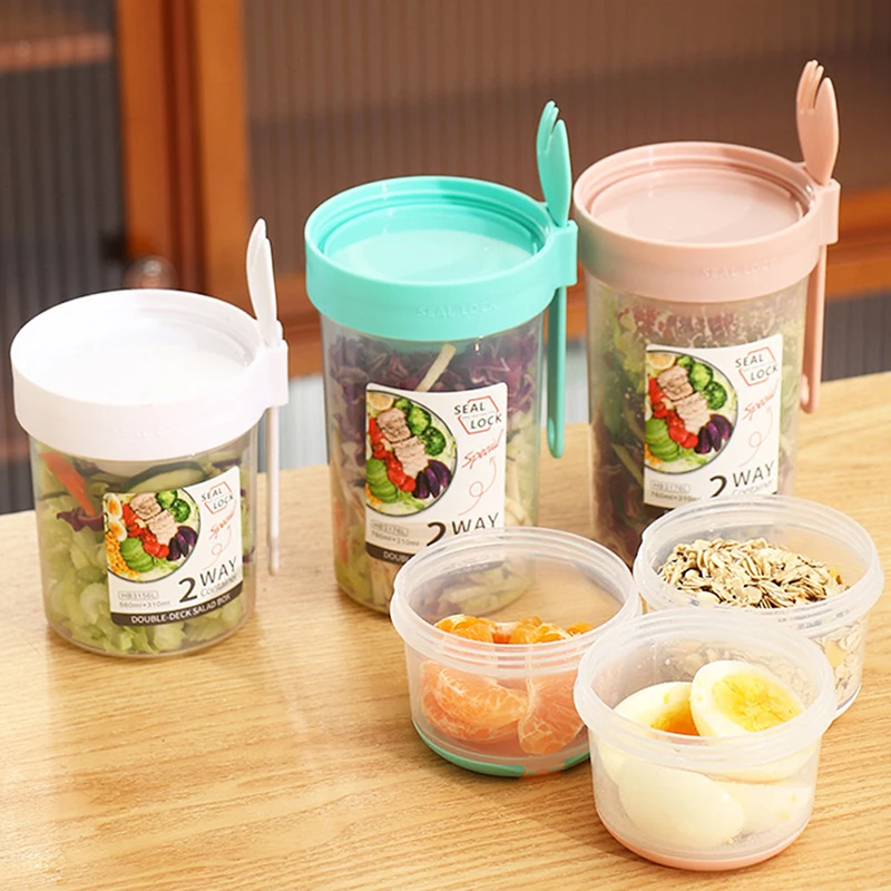 

Breakfast Oatmeal Cereal Nut Yogurt Salad Cup Seal Container Set with Fork Sauce Cup Lid Bento Tuppers Food Taper Bowl Lunch Box