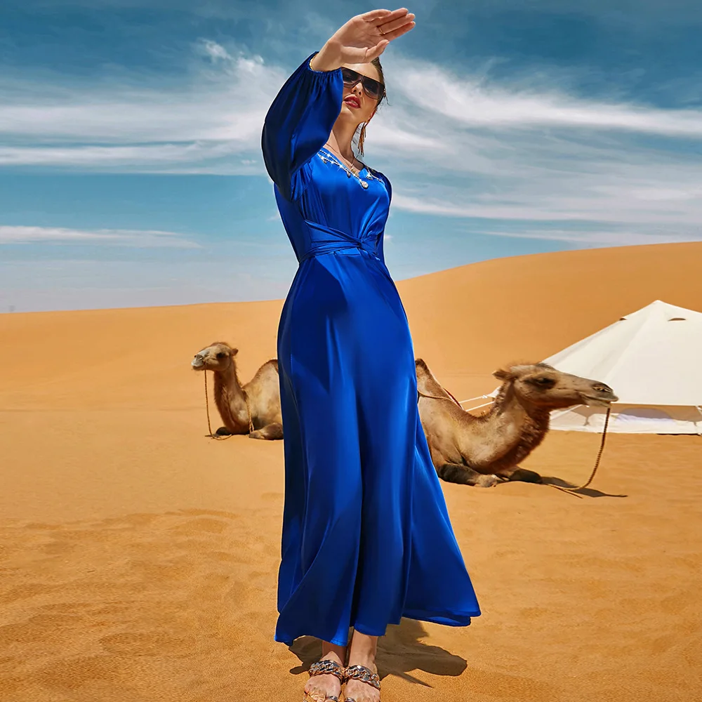 Muslim Fashion  For Women Islam Dubai Travel Muslim Dresses Long Skirt Even Dress Abayas Ramadan Costumes Satin Abayat Autumn