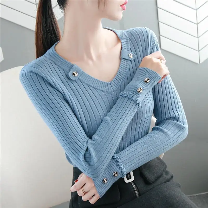 

Elegant V-Neck Spliced Button Ruffles Sweaters Women's Clothing 2023 Autumn Winter Knitted Korean Pullovers Office Lady Tops