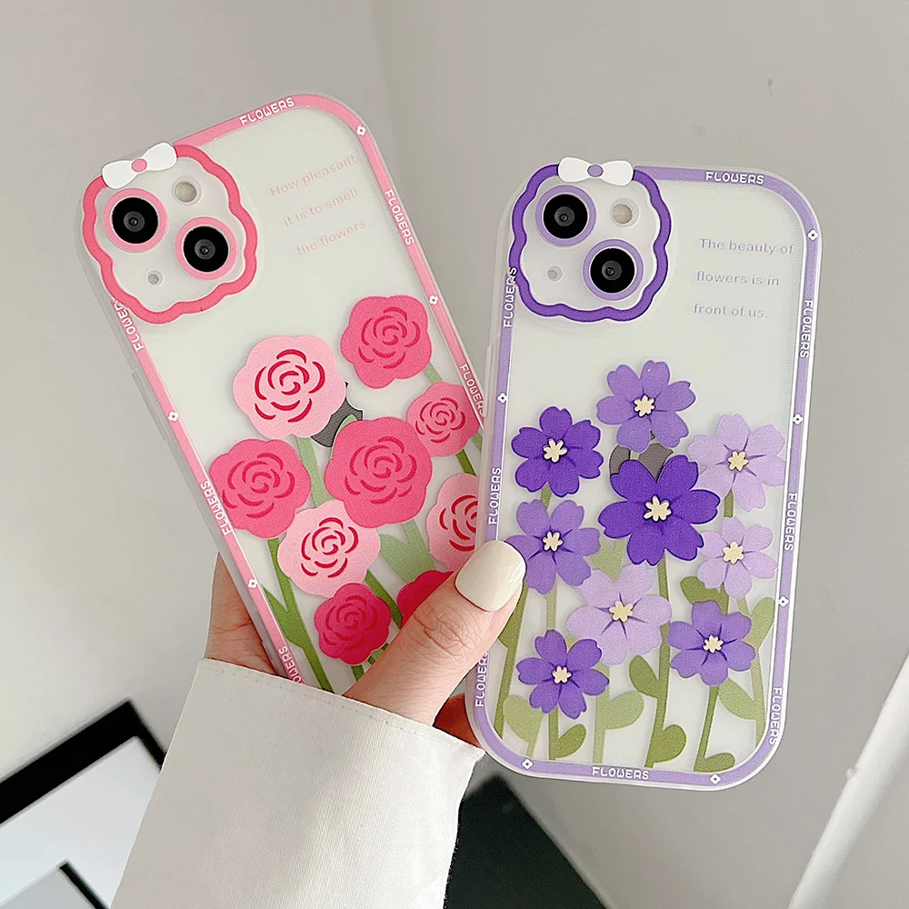 

Cute Pink Purple Floral Case for iPhone 11 12 13 14 X XS Pro Max Silicone Case Clear TPU Protective Phone Cover for Women Girls