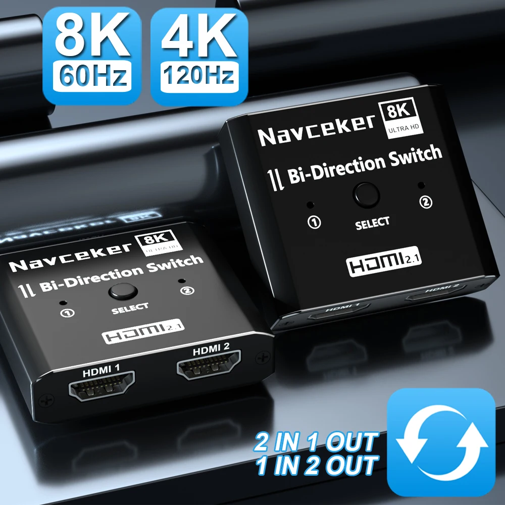 Сплиттер Navceker HDMI 2 1 переключатель 8K 60Hz 4K 120Hz in out для ТВ Xiaomi Xbox Series PS5 кабель монитор
