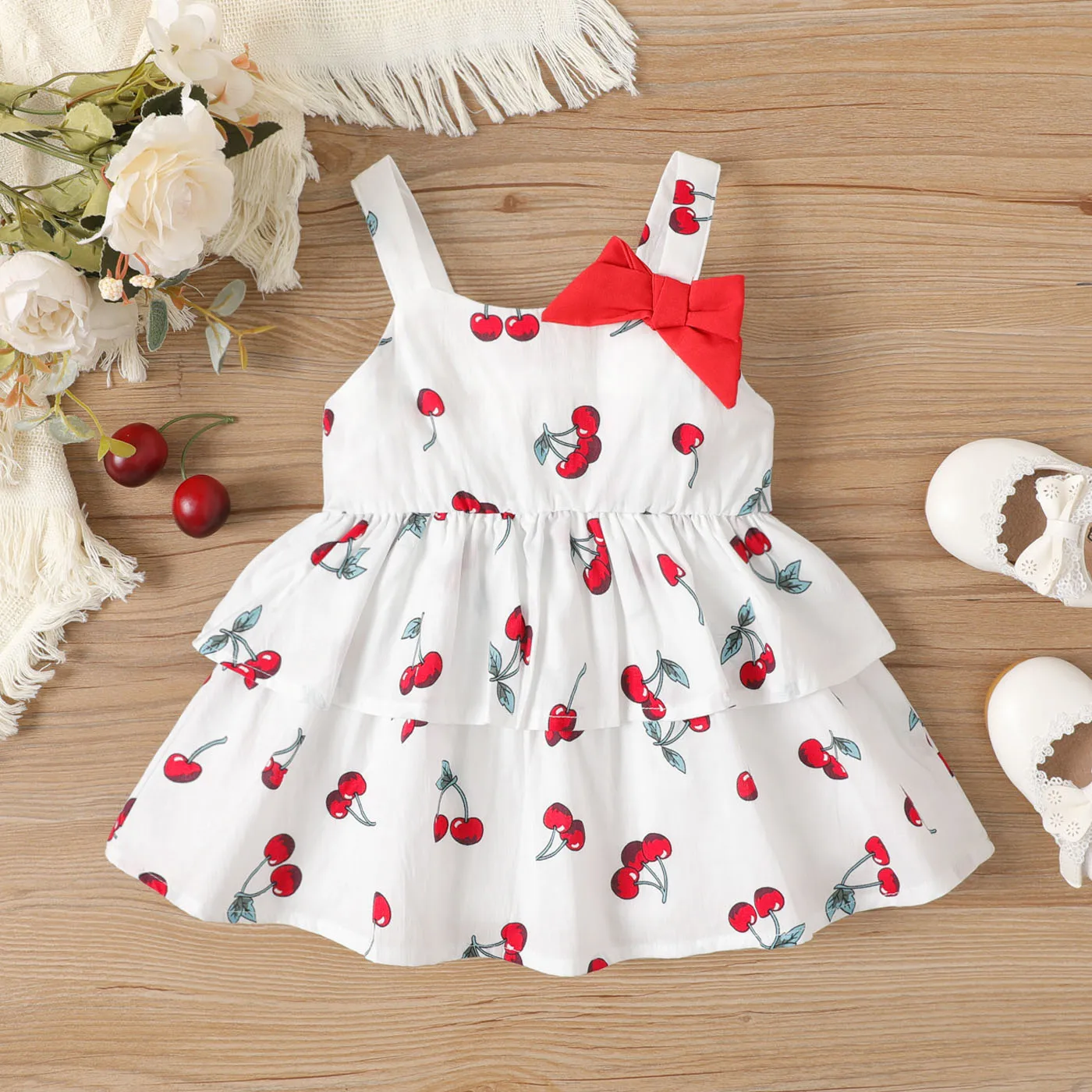 

PatPat Baby Girl 100% Cotton Allover Cherry Print Strappy Bow Decor Dress