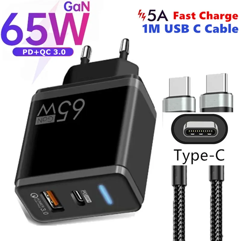 USB Type C Cable PD 65W GaN Charger 5A Fast Charger Adapter Quick Charge 3.0 QC For iPhone 14 13 12 11 XR Huawei Xiaomi Samsung
