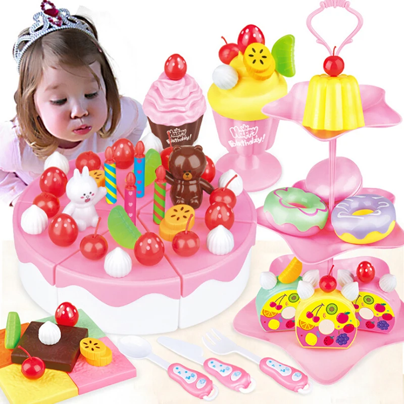 

1set DIY Pretend Play Fruit Cutting Birthday Cake Kitchen Food Toys Cocina De Juguete Toy Pink Blue Girls Gift for Children