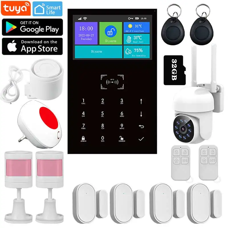 

PG109 Tuya WIFI GSM Alarm System Home Burglar Security Works With Alexa Wireless Smart Life Door Window Sensor IP Camera