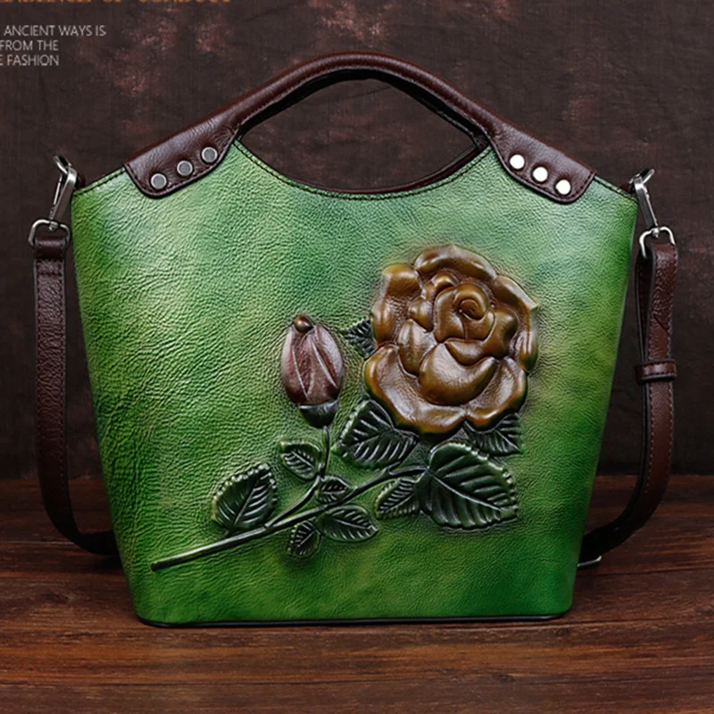 

Genuine Leather Vintage Floral Top Handle Shoulder Female Bags First Layer Cowhide Leisure Messenger Embossed Bag Women Handbag