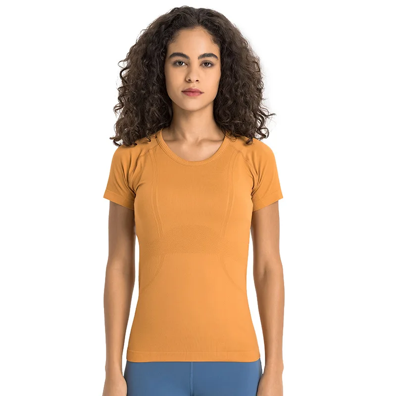 

Solid Color Round Neck Luluwomen Seamless Short Sleeve Comprehensive Training T-shirt Yoga Top Sport Breathable Wicking Jacquard