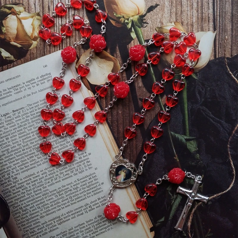 

Red Hearts Catholic Rosary Necklace Beads Holy Figure Jesus Hanging Pendant