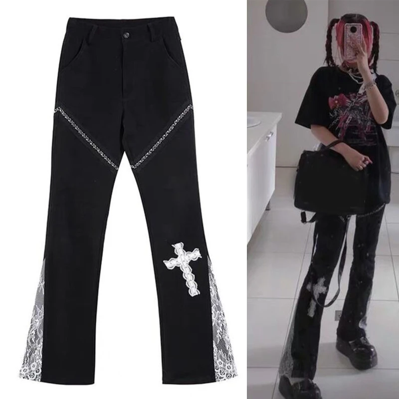 

MXMB Women Gothic Punk High Waist Flare Pants Harajuku Cross Lace Stitching Patchwork Bell Bottom Trousers Slim Streetwear