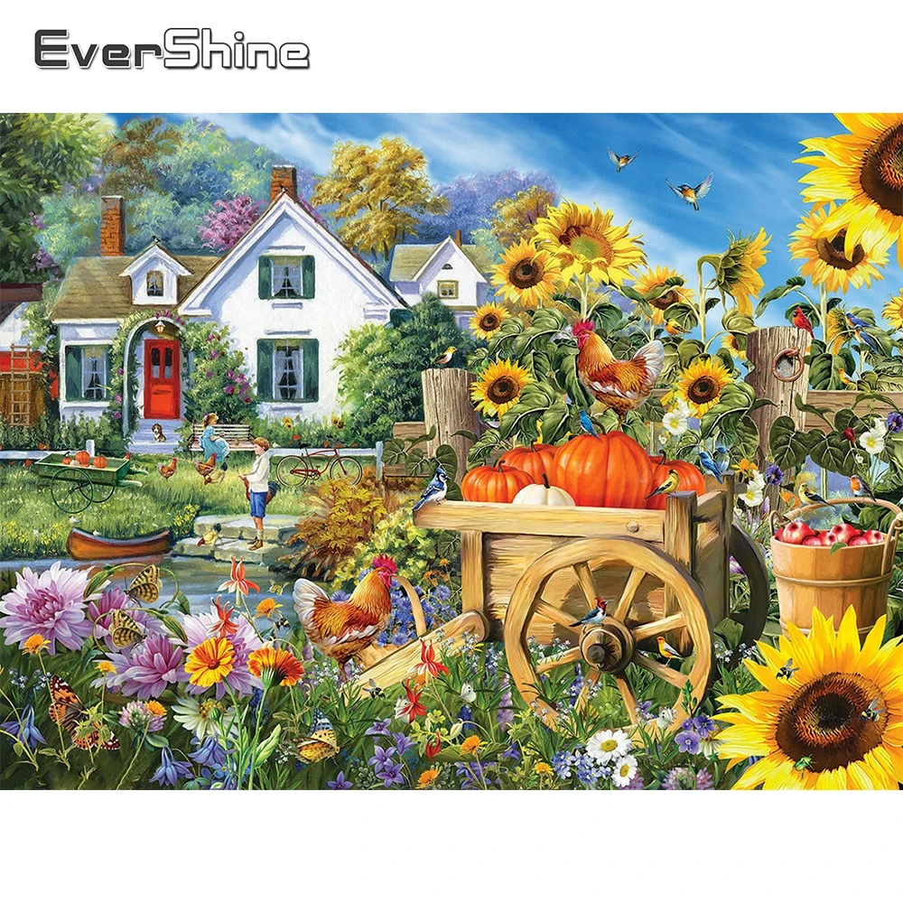 

EverShine Diamond Painting Sunflowers Rhinestone Picture Mosaic Garden Landscape Embroidery House New Arrival Wall Decor