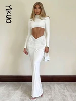 yikuo elegant white long sleeve 2 piece set outfits for women club party top and dress sets long ruched matching sets