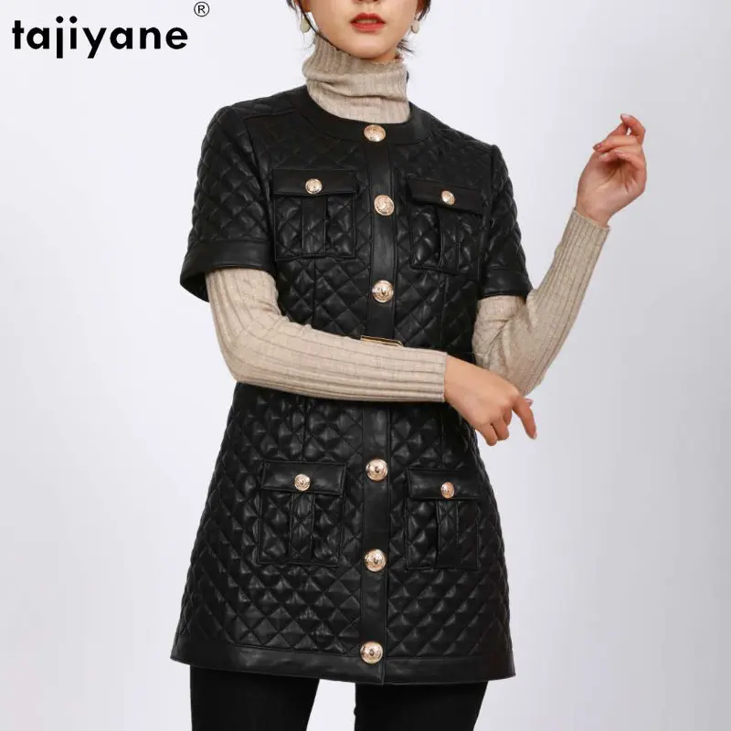 

Новая женская куртка Tajiyane из натуральной кожи средней длины, женское модное пальто из настоящей овчины в Корейском стиле с короткими рукавами