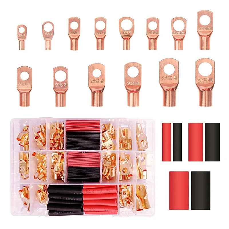 

280PCS Copper Wire Lugs Spare Parts Accessories [AWG2 4 6 8 10], 78Pcs Battery Terminal Connectors With 92Pcs Heat Shrink Tubing