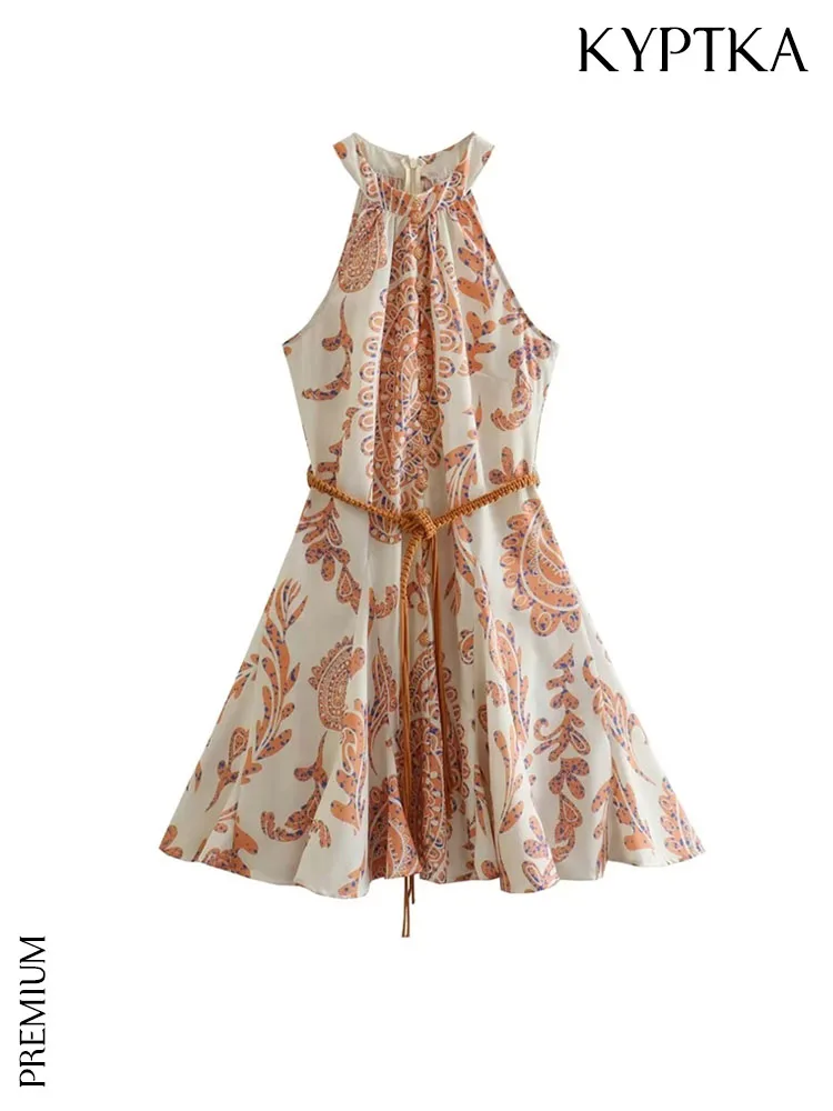 

KYPTKA Women Fashion With Belt Printed Mini Dress Vintage Sleeveless Front Button Female Dresses Vestidos Mujer