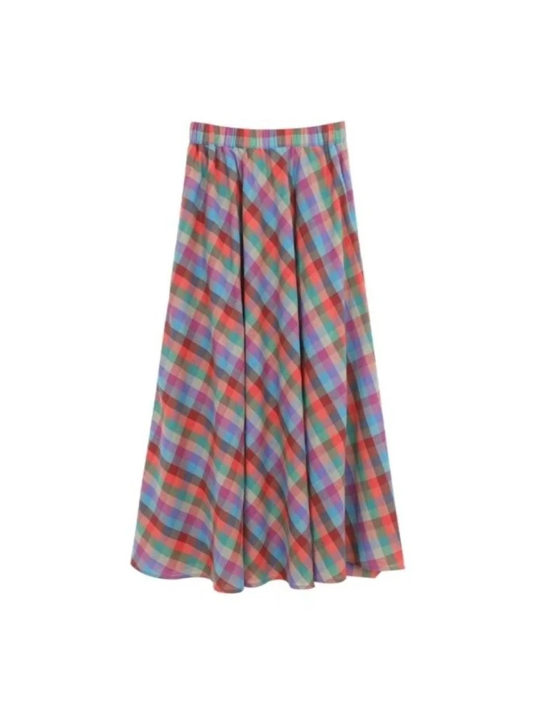 

Женская клетчатая юбка до щиколотки, разноцветная свободная трапециевидная юбка контрастных цветов с поясом на резинке, весна-лето