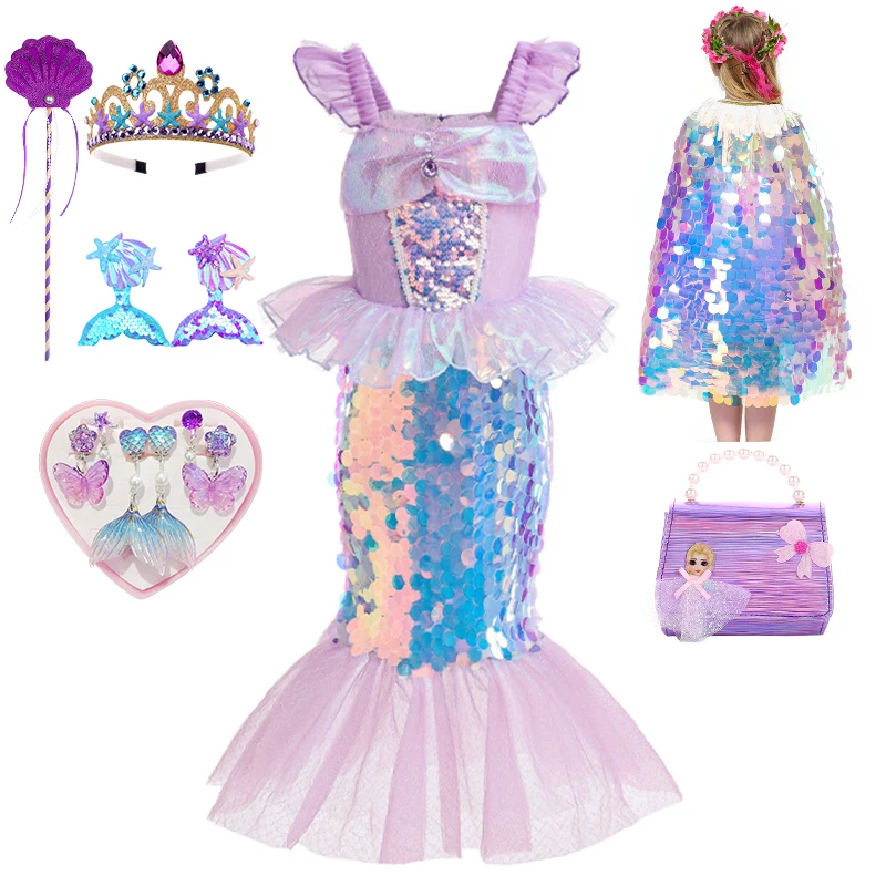 

2023 детский Радужный Костюм Русалки Ариэль принцессы блестки Рождество корейские детские сказочные костюмы для дня рождения